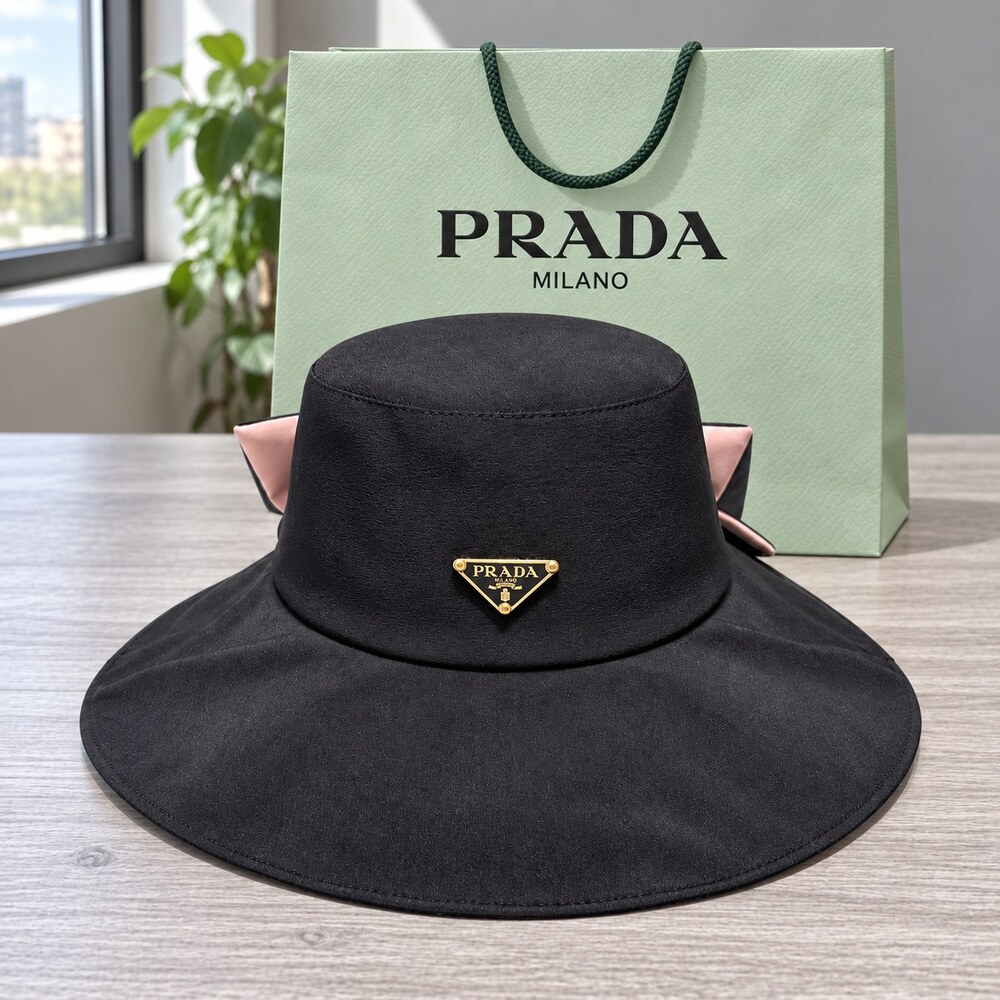 Prada Black Wide Brim Hat with Bow